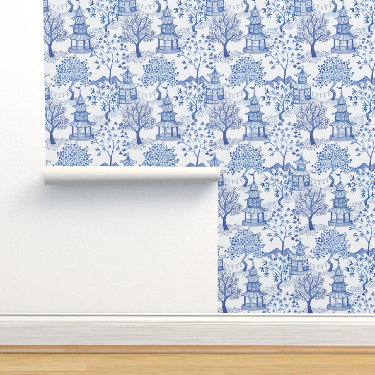 Chinoiserie Blue White Toile Pagoda Landscape And Asian Art Custom Pre-pasted Wallpaper by Spoonflower Pre-Pasted Wallpaper 2FT Wide